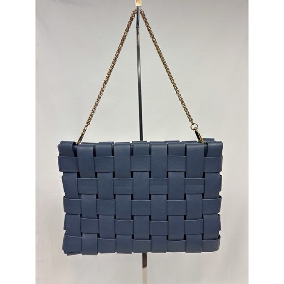 Remi / Reid Anthropologie Lindy Woven Clutch Shoulder Bag Blue Vegan Leather Gol - Picture 2 of 8